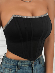 OMONSIM Wholesale Sexy Tube Tops off Shoulder Bow Tank Top With Diamond Asymmtric Hem For Women