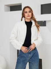 OMONSIM Wholesale White Fluffy Stand Collar Casual Streatwear Short Overcoat Women