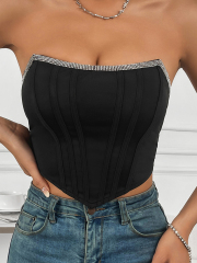 OMONSIM Wholesale Sexy Tube Tops off Shoulder Bow Tank Top With Diamond Asymmtric Hem For Women