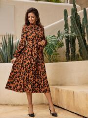 OMONSIM Wholesale Spring Autumn Leopard Puff Long Sleeve Slim Elegant Dress Women