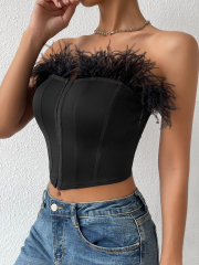 OMONSIM Wholesale Sexy Feather Tube Tops Off Shoulder Asymmetric Hem Tank Top For Women