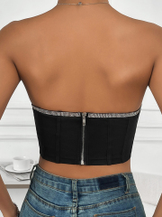 OMONSIM Wholesale Sexy Tube Tops off Shoulder Bow Tank Top With Diamond Asymmtric Hem For Women