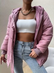 OMONSIM Wolesale Winter Solid Pink Long Sleeve Cotton Coat With Hat Women