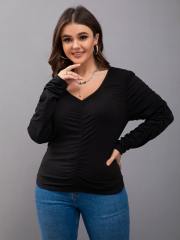 OMONSIM Wolesale Spring Autumn Black Solid Shirred V Neck T Shirt Long Sleeve Blouse For Women