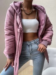 OMONSIM Wolesale Winter Solid Pink Long Sleeve Cotton Coat With Hat Women