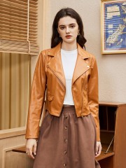 OMONSIM Wholesale Autumn Long Sleeve Brown Faux Leather Jacket Women