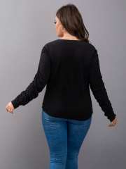OMONSIM Wolesale Spring Autumn Black Solid Shirred V Neck T Shirt Long Sleeve Blouse For Women
