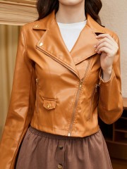 OMONSIM Wholesale Autumn Long Sleeve Brown Faux Leather Jacket Women