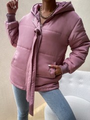 OMONSIM Wolesale Winter Solid Pink Long Sleeve Cotton Coat With Hat Women