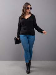 OMONSIM Wolesale Spring Autumn Black Solid Shirred V Neck T Shirt Long Sleeve Blouse For Women