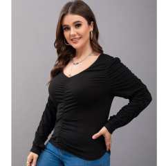 OMONSIM Wolesale Spring Autumn Black Solid Shirred V Neck T Shirt Long Sleeve Blouse For Women