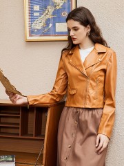 OMONSIM Wholesale Autumn Long Sleeve Brown Faux Leather Jacket Women