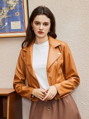 OMONSIM Wholesale Autumn Long Sleeve Brown Faux Leather Jacket Women