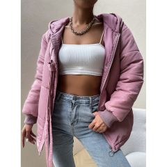 OMONSIM Wolesale Winter Solid Pink Long Sleeve Cotton Coat With Hat Women
