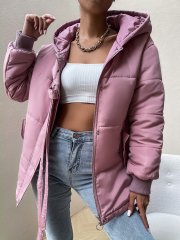 OMONSIM Wolesale Winter Solid Pink Long Sleeve Cotton Coat With Hat Women