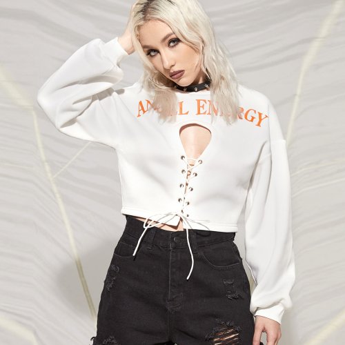 OMONSIM Wolesale Spring Autumn White Round Neck Streetwear Cut Out Short T Shirt Long Sleeve Blouse For Women