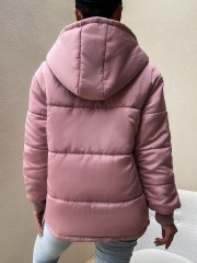 OMONSIM Wolesale Winter Solid Pink Long Sleeve Cotton Coat With Hat Women
