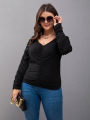 OMONSIM Wolesale Spring Autumn Black Solid Shirred V Neck T Shirt Long Sleeve Blouse For Women
