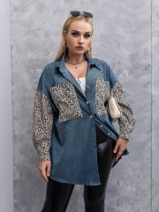 OMONSIM Wolesale Spring Autumn Long Sleeve Casual Jeansblue Patchwork With Leopard Shirt For Women