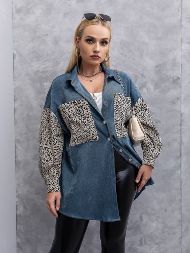 OMONSIM Wolesale Spring Autumn Long Sleeve Casual Jeansblue Patchwork With Leopard Shirt For Women