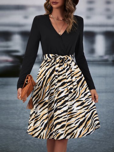 OMONSIM Wolesale Spring Autumn V-Neck Long Sleeve Elegant Patchwork with Leopard Dress For Women