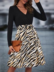 OMONSIM Wolesale Spring Autumn V-Neck Long Sleeve Elegant Patchwork with Leopard Dress For Women