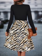 OMONSIM Wolesale Spring Autumn V-Neck Long Sleeve Elegant Patchwork with Leopard Dress For Women