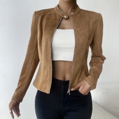 OMONSIM Wolesale Spring Autumn Stand Collar Brown Suede Wool Streatwear Jacket For Women