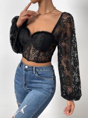 OMONSIM Wolesale Spring Autumn Black Solid Sexy Lace Square Neck Long Sleeve Blouse For Women