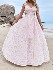 OMONSIM Wholesale Fashion Cap Sleeve Long Dresses Ladies Casual Beach Holiday Dress