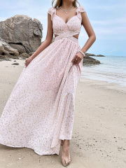 OMONSIM Wholesale Fashion Cap Sleeve Long Dresses Ladies Casual Beach Holiday Dress