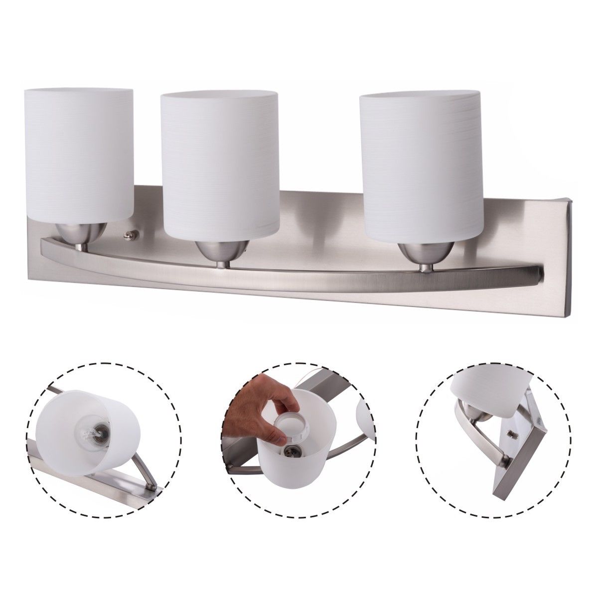 3 light vanity lighting, modern wall light, Satin nickel finish in အဖြူရောင်အဝိုင်းပါသော ရေချိုးခန်းမီးများ