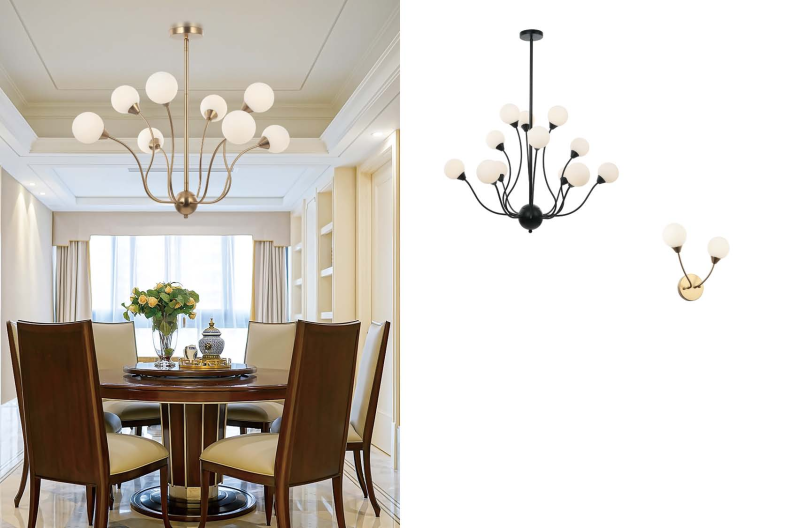 Lampadario a 8 luci, lampadario in vetro in stile country americano con finitura in vetro bianco e oro