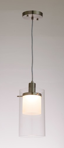 Μονό μενταγιόν LED, με διαφανές εξωτερικό &amp;amp; λευκό εσωτερικό κύλινδρο γυαλί σε σατινέ νικέλιο φινίρισμα