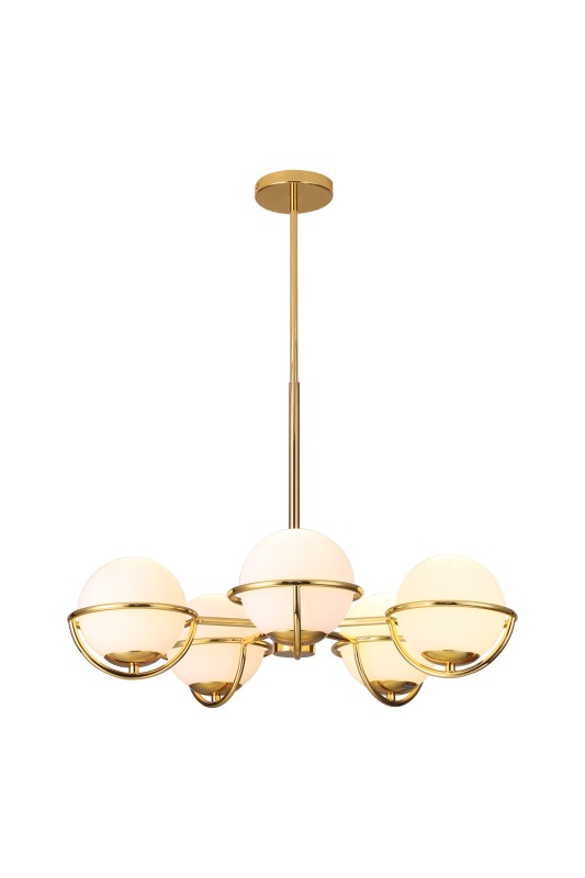 Εμπνευσμένο γυάλινο κρεμαστό φωτιστικό, Opal Glass, 5 ελαφριά σε επιχρυσωμένο φινίρισμα, κρεμαστό σε ξενοδοχείο, βίλα, σπίτι, εστιατόριο