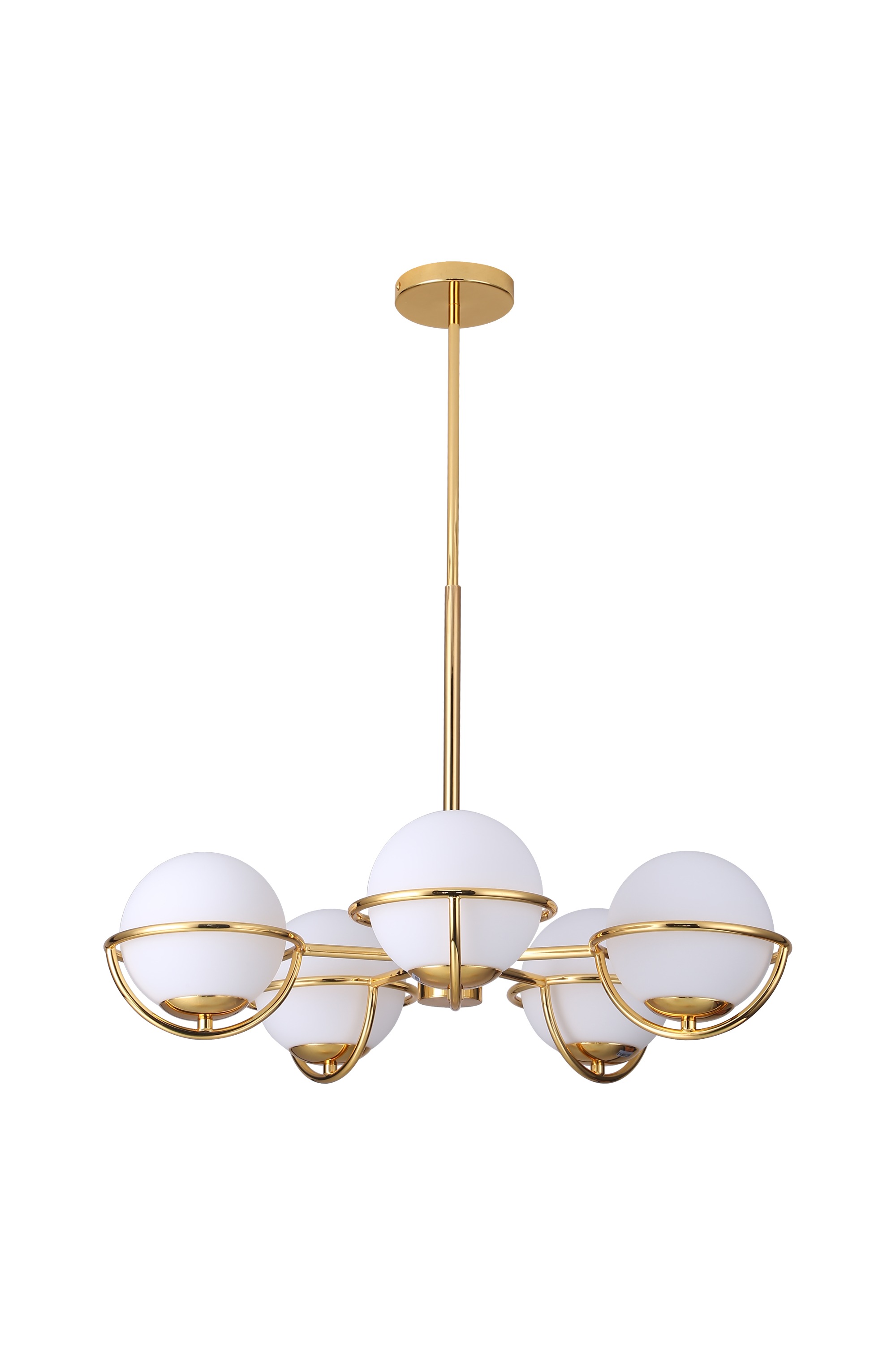 Εμπνευσμένο γυάλινο κρεμαστό φωτιστικό, Opal Glass, 5 ελαφριά σε επιχρυσωμένο φινίρισμα, κρεμαστό σε ξενοδοχείο, βίλα, σπίτι, εστιατόριο