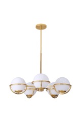Εμπνευσμένο γυάλινο κρεμαστό φωτιστικό, Opal Glass, 5 ελαφριά σε επιχρυσωμένο φινίρισμα, κρεμαστό σε ξενοδοχείο, βίλα, σπίτι, εστιατόριο