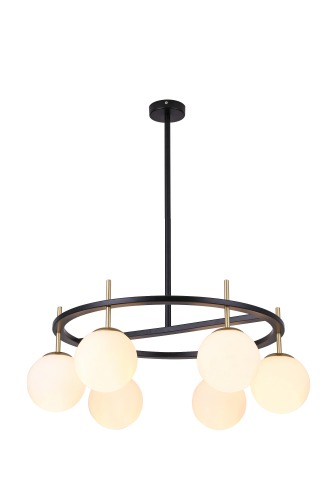 होम डेकोर इंडोर झूमर, ओपल ग्लास, मैट ब्लैक एंड गोल्ड फिनिश में 6 लाइट, होटल, विला, होम, रेस्तरां में हैंगिंग