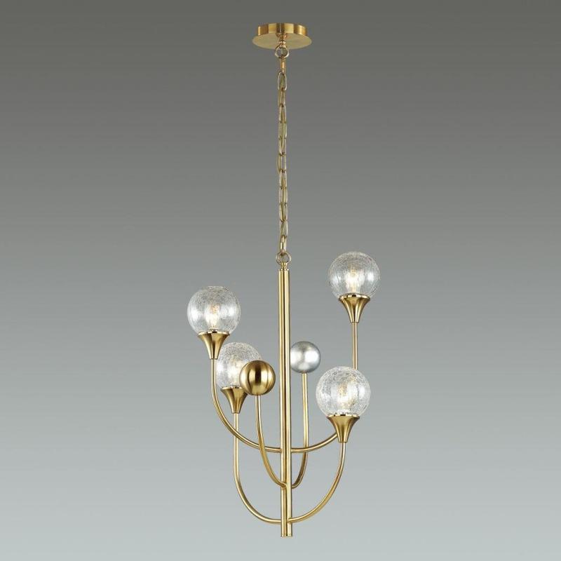 Κομψό γυάλινο κρεμαστό φωτιστικό, Hand Blown στρογγυλό γυαλί, 4 φώτα σε επιχρυσωμένο φινίρισμα, κρεμαστό σε ξενοδοχείο, Βίλα, Σπίτι, Εστιατόριο, Φωτιστικό σχεδιασμού.