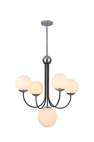 होम डेकोर इंडोर झूमर, ओपल ग्लास, मैट ब्लैक और क्रोम फिनिश में 5 लाइट, होटल, विला, होम, रेस्तरां में हैंगिंग