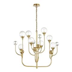 Κομψό γυάλινο κρεμαστό φωτιστικό, Hand Blown στρογγυλό γυαλί, 4 φώτα σε επιχρυσωμένο φινίρισμα, κρεμαστό σε ξενοδοχείο, Βίλα, Σπίτι, Εστιατόριο, Φωτιστικό σχεδιασμού.