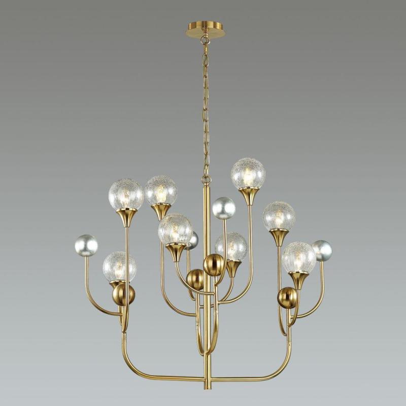 Κομψό γυάλινο κρεμαστό φωτιστικό, Hand Blown στρογγυλό γυαλί, 4 φώτα σε επιχρυσωμένο φινίρισμα, κρεμαστό σε ξενοδοχείο, Βίλα, Σπίτι, Εστιατόριο, Φωτιστικό σχεδιασμού.