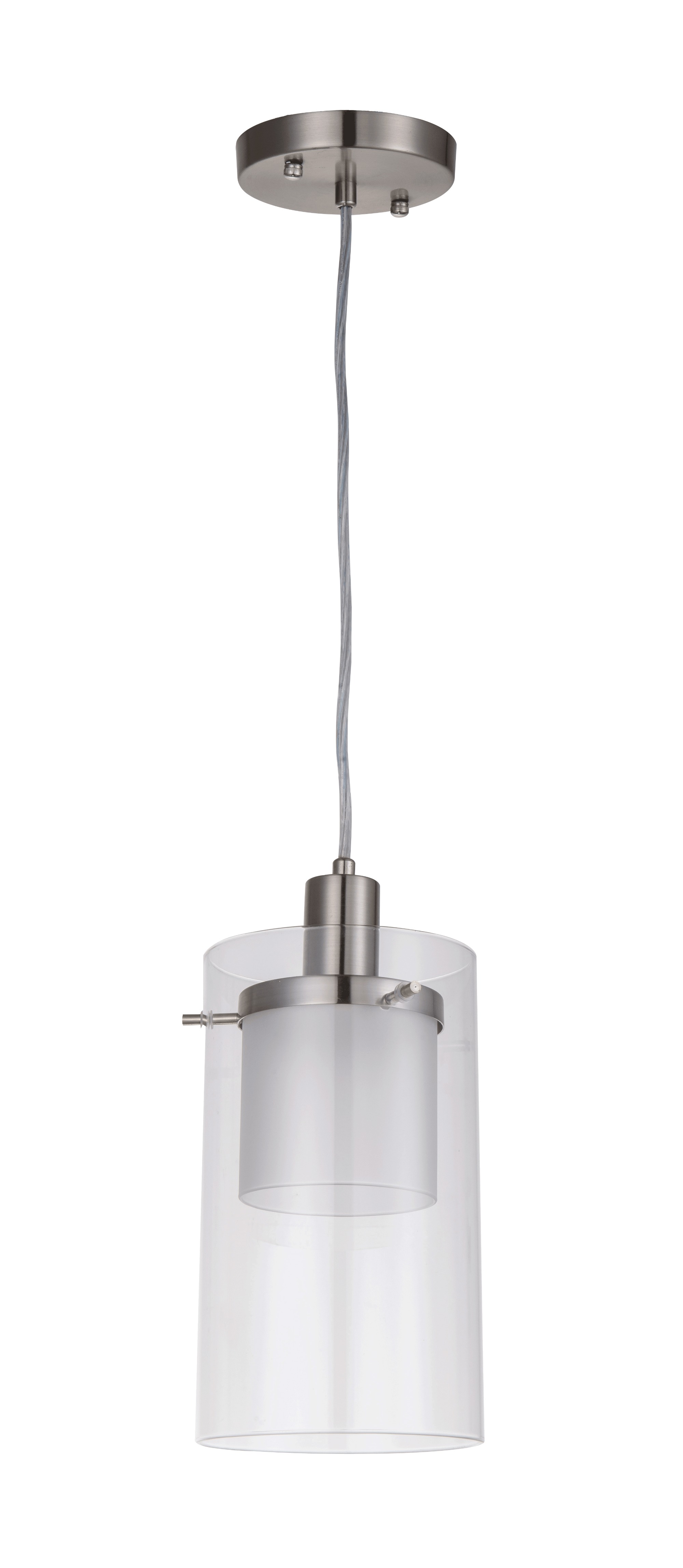 Sospensione singola a LED, con vetro cilindrico esterno trasparente e interno bianco in finitura nichel satinato