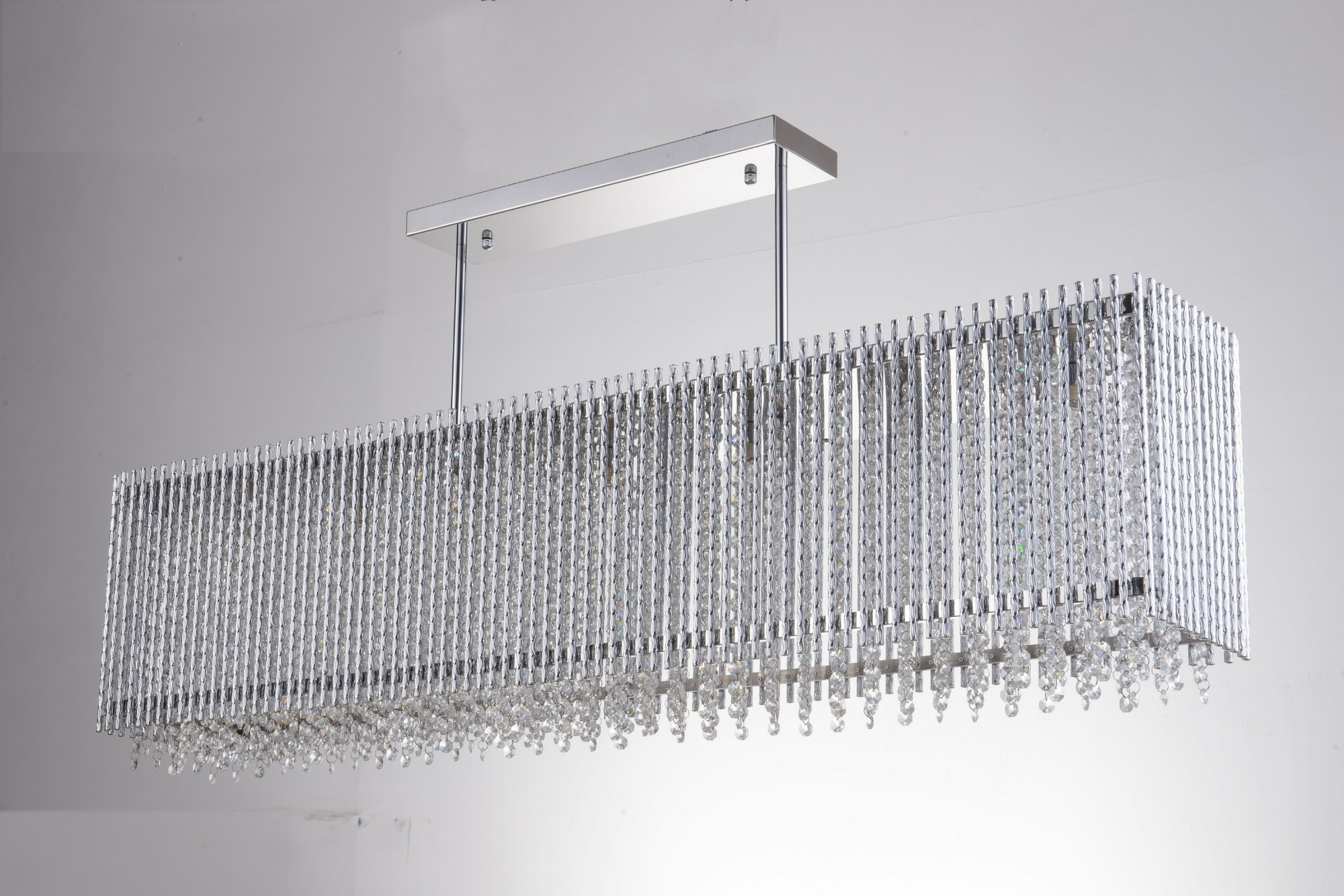 Lampada a sospensione di lusso, cristallo trasparente, 7 luci con finitura cromata, appesa in hotel, villa, casa, ristorante, altezza regolabile su richiesta.