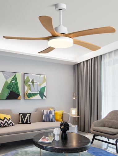 52 inch Ceiling Fans, Woody, Ceiling Fan with Lighting and Remote Control, Quiet, Large Ceiling Fan with Light, Dimmable, Fan Lamp Ceiling with 5 Solid wood Blades white and black Finish