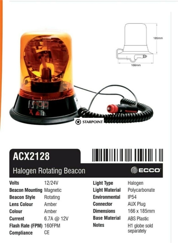 ECCO Amber Beacon Magnetic Mount Halogen Class 1 - 166mm x 185mm