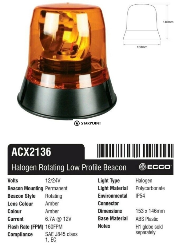 Amber Rotating Beacon Permanent 3 Bolt Mount Halogen ECCO ACX2136 Class 1