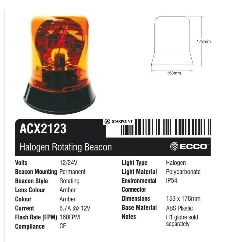 Amber Beacon Halogen 12-24v Permanent Mount ACX2123 Revolving Beacon 178 x 153mm