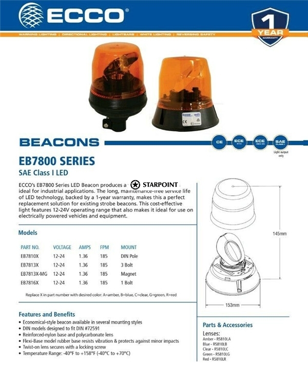 ECCO LED Amber Beacon Rotator 12v 24v Amber 3 Bolt Class 1 Traffic Control