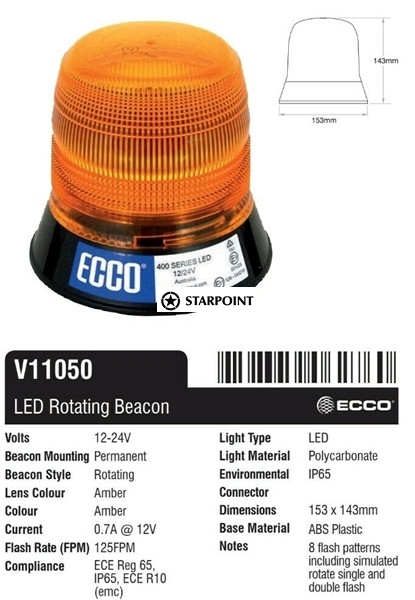 LED Beacon Amber Permanent Mount ECCO 12v 24v 153mm x 143mm Traffic Control